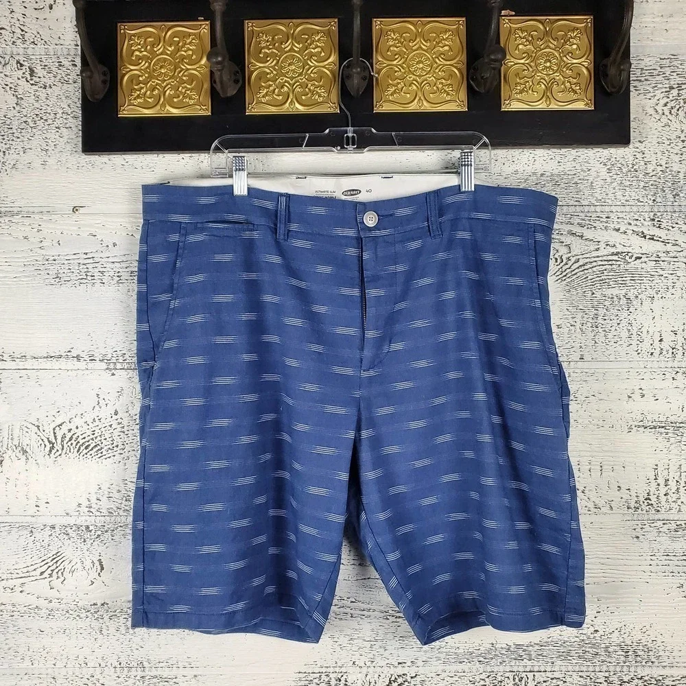 Old Navy Men Slim Linen Blend Chino Shorts Sz 40 Blue NWT Zip Fly Pockets Summer